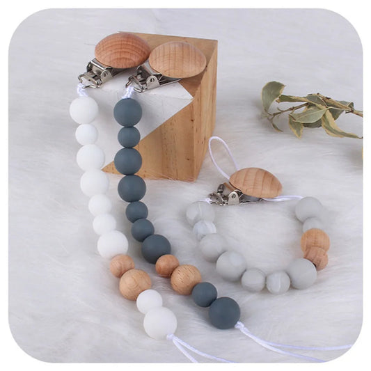 Wooden Bead & Silicone Pacifier Clip Chain
