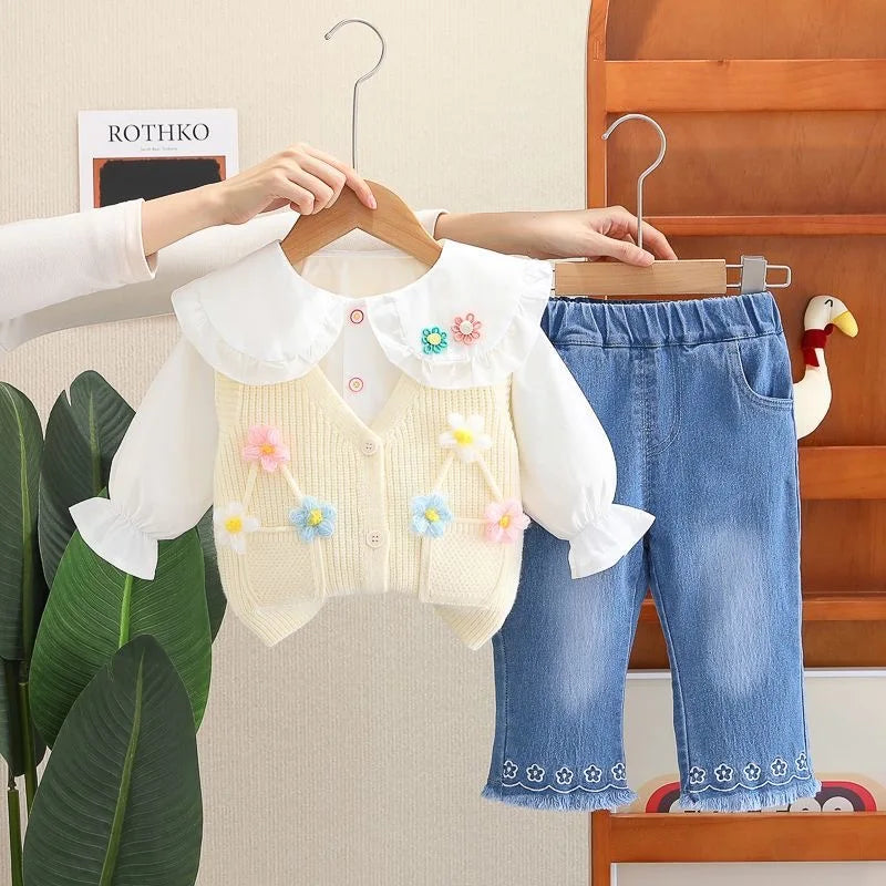 Girls T-Shirt, Floral Vest, & Bow Jeans Set