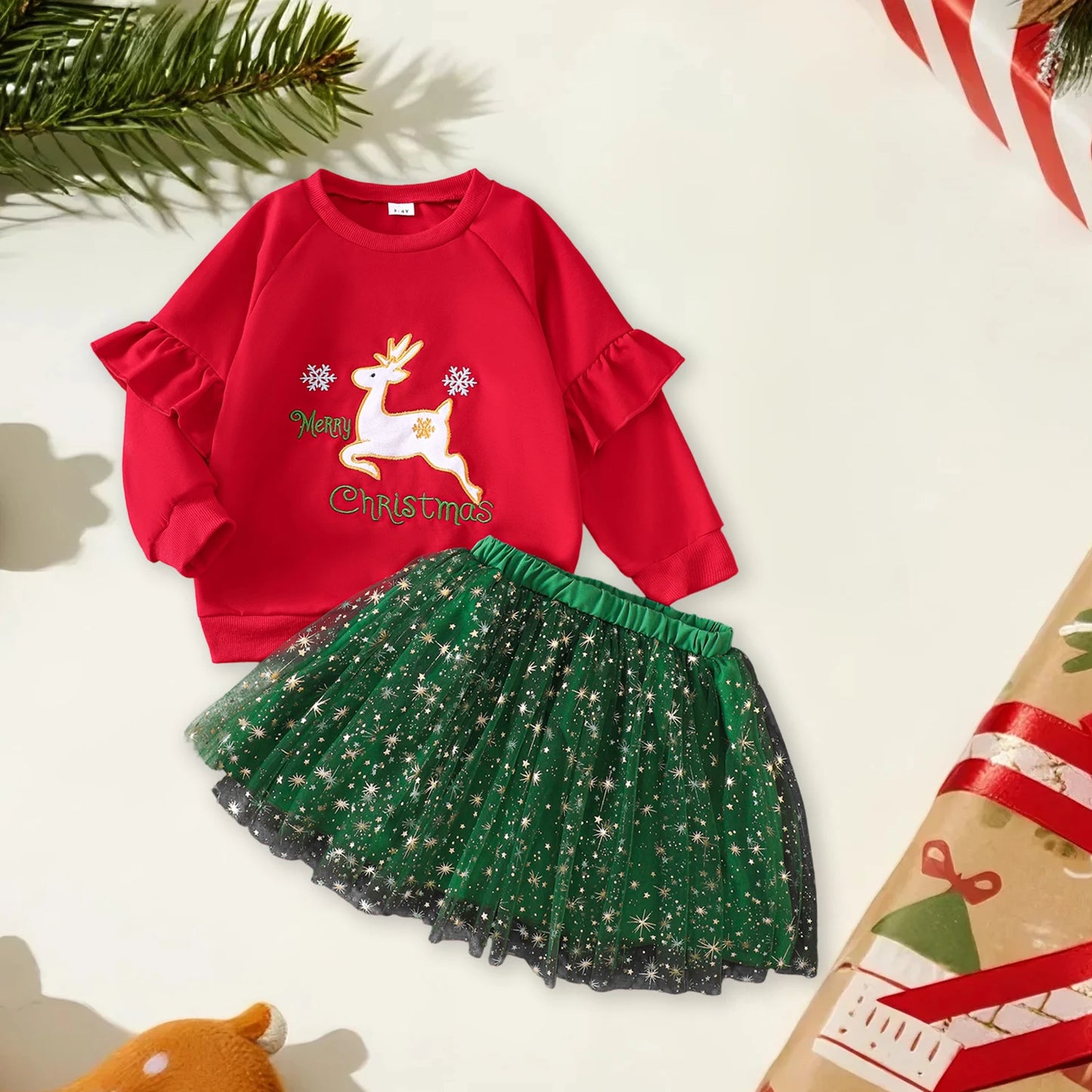 Long Sleeve Reindeer Embroidery Tutu Outfit