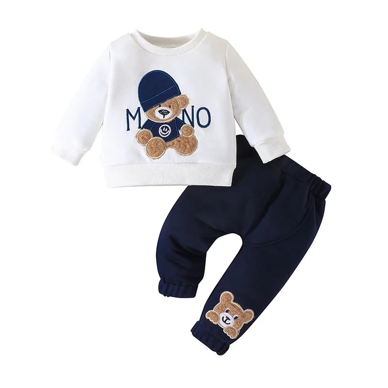 Casual Cartoon Bear Long Sleeve Tee & Navy Pants Set