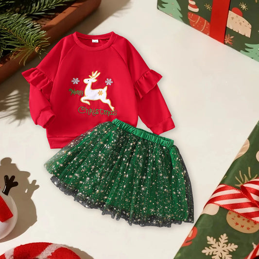 Long Sleeve Reindeer Embroidery Tutu Outfit