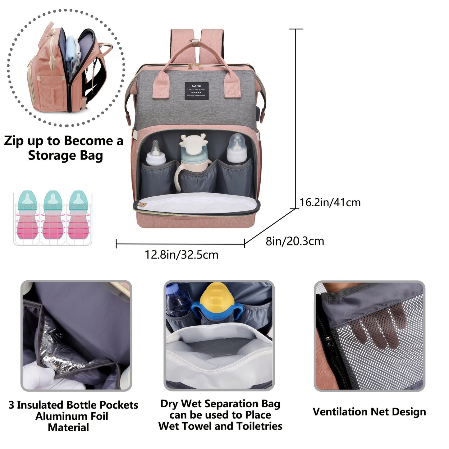 Multifunctional Diaper Bag Backpack with Changing Station & Sunshade