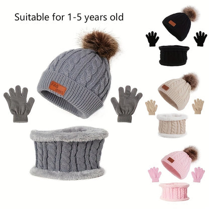 3pc Kids Knitted Thermal Hat, Gloves, & Scarf Set
