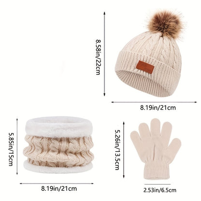 3pc Kids Knitted Thermal Hat, Gloves, & Scarf Set