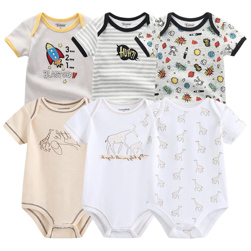 6-Pack Cotton Cartoon Bodysuit & Romper Set for Baby