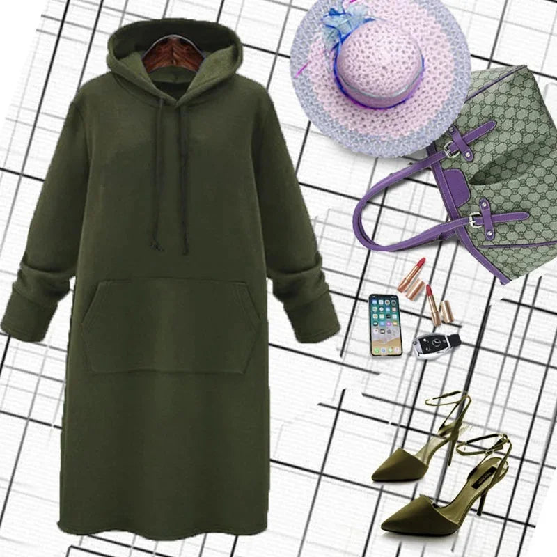 Plus Size Loose Print Hoodie Dress (Mid-Length)