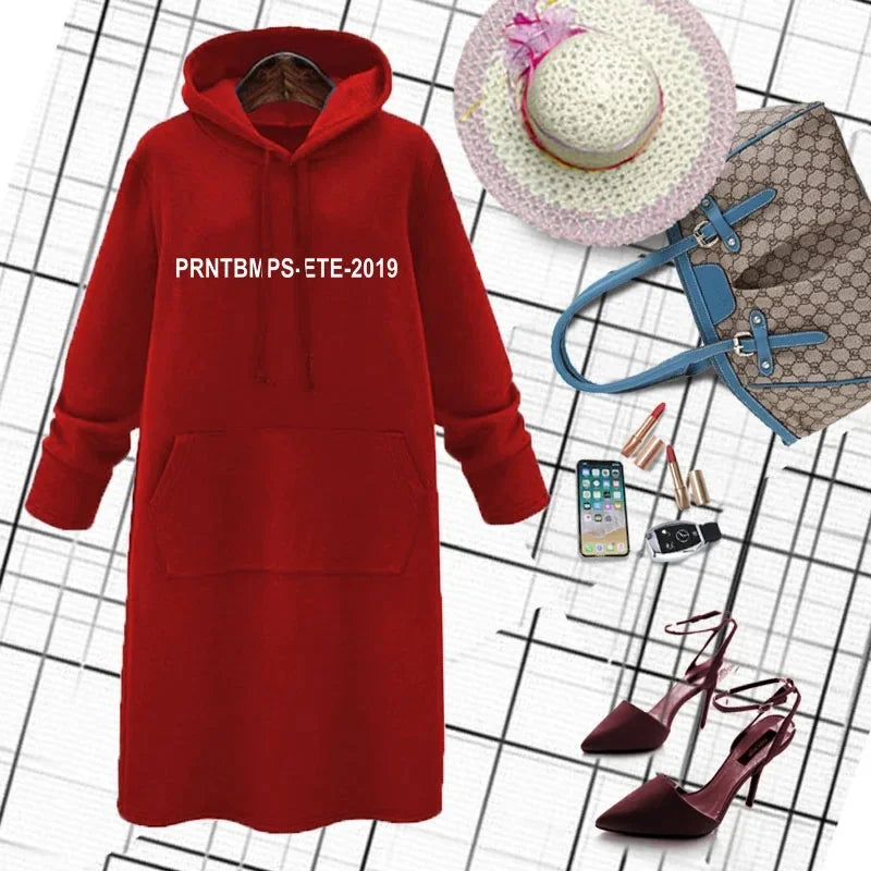 Plus Size Loose Print Hoodie Dress (Mid-Length)