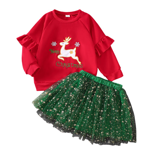 Long Sleeve Reindeer Embroidery Tutu Outfit