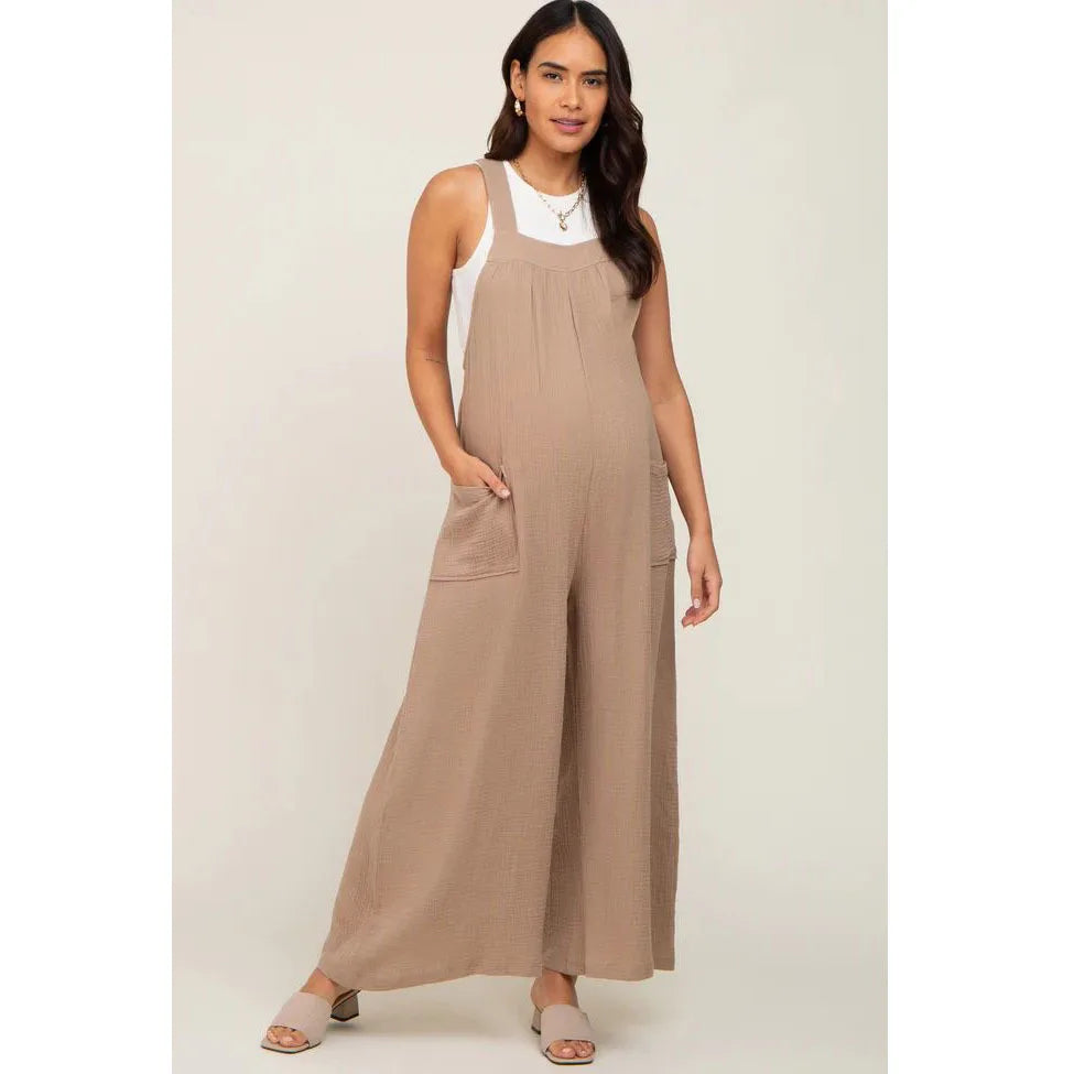 Beige Wide-Leg Maternity Overall Cargo Pants