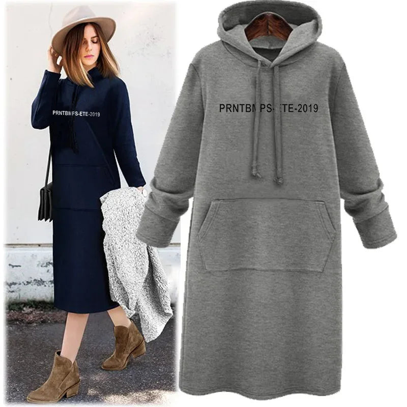Plus Size Loose Print Hoodie Dress (Mid-Length)