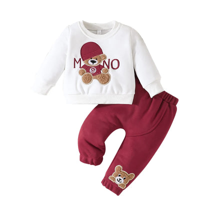 Casual Cartoon Bear Long Sleeve Tee & Navy Pants Set