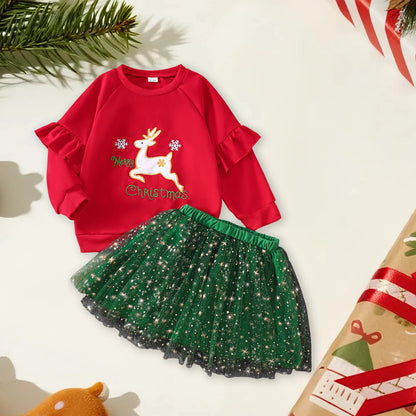 Long Sleeve Reindeer Embroidery Tutu Outfit