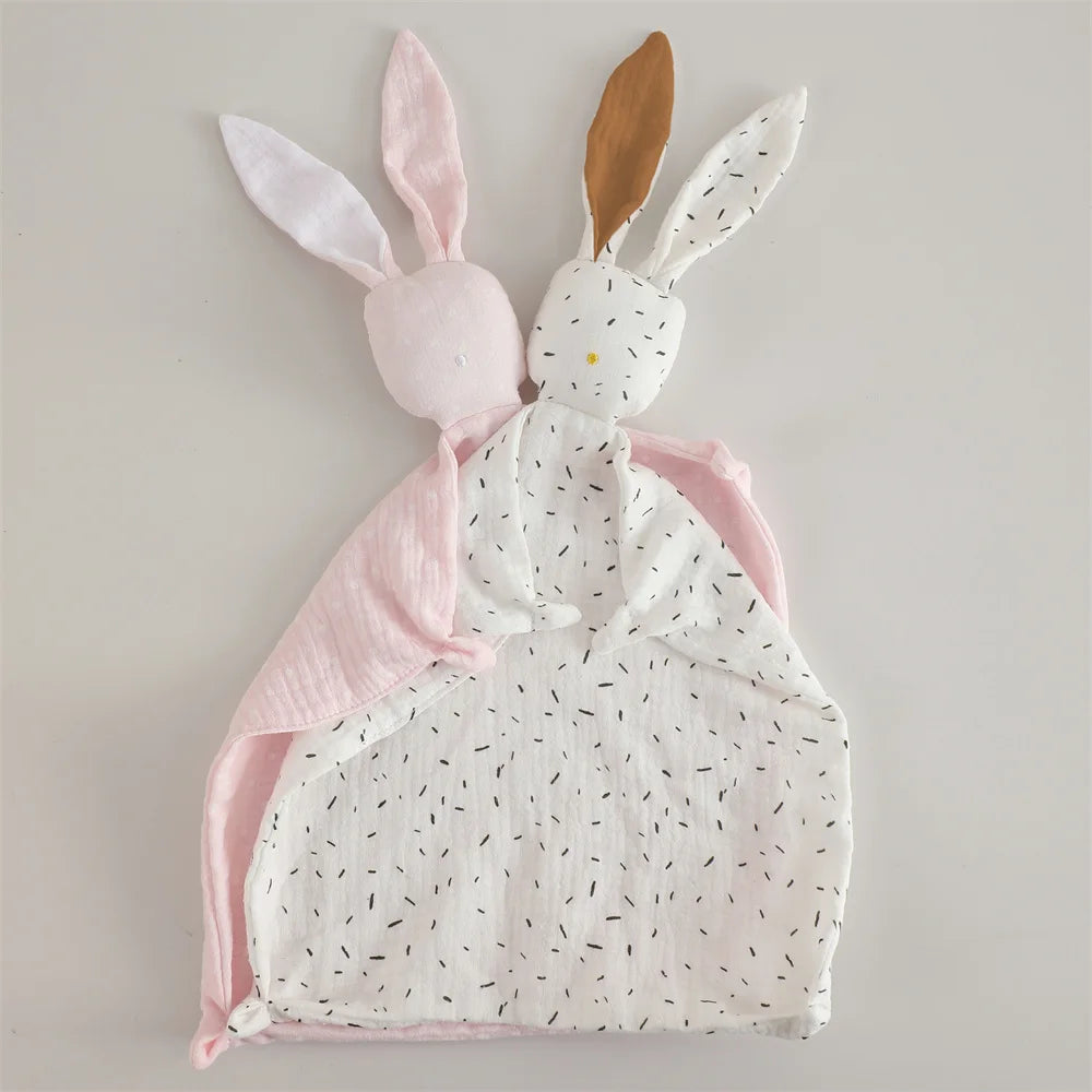 Bunny Security Blanket for Baby Boy Girl Soft Breathable Muslin Cotton Polka Dot Stuffed Toy For Newborns