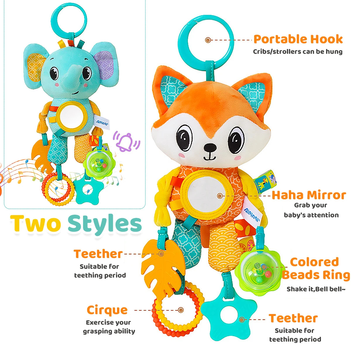 Soft Sensory Stroller Toy: Plush Animal Crinkle & Teether