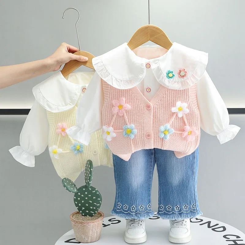 Girls T-Shirt, Floral Vest, & Bow Jeans Set