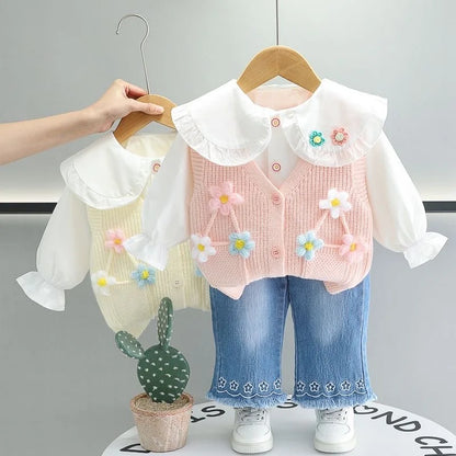 Girls T-Shirt, Floral Vest, & Bow Jeans Set