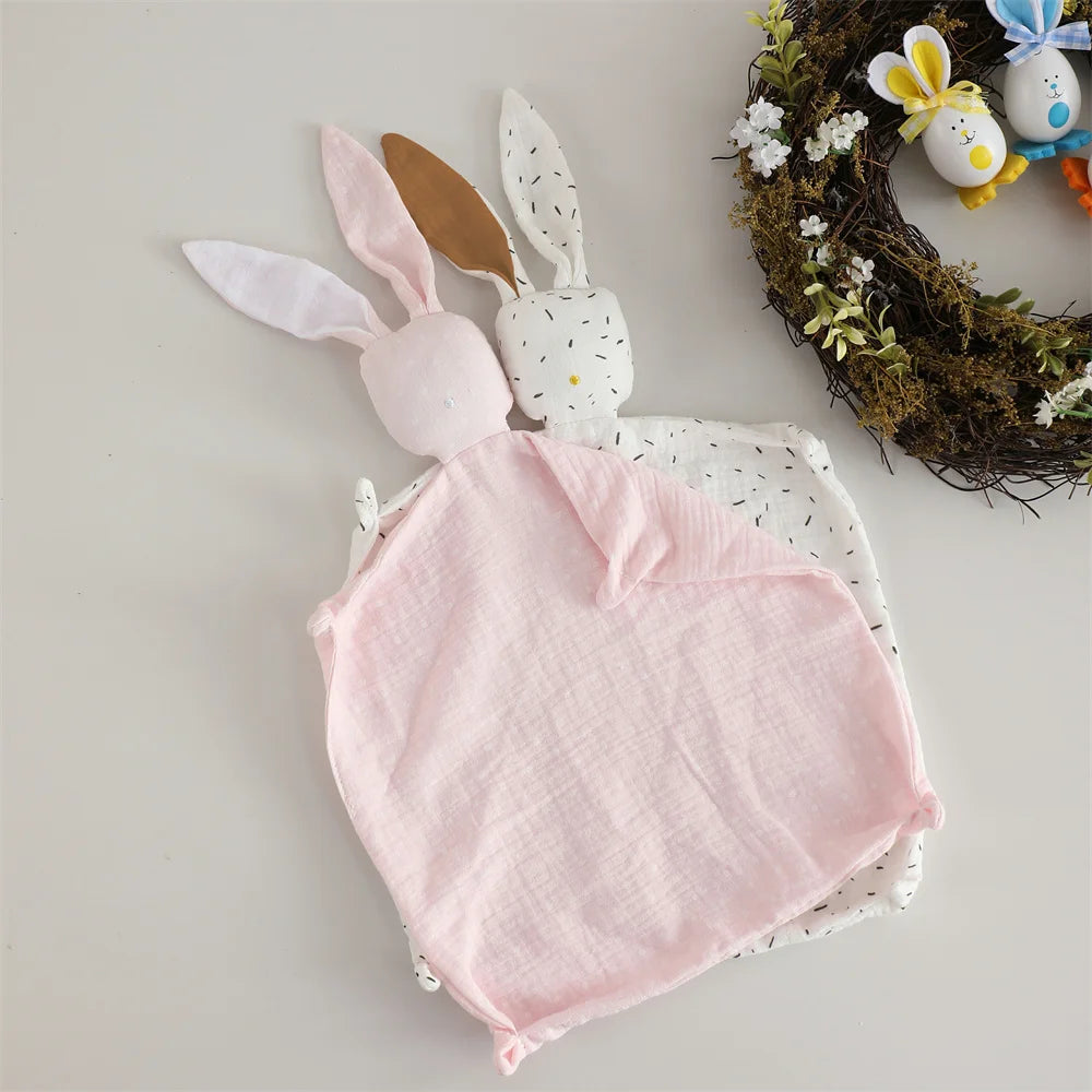 Bunny Security Blanket for Baby Boy Girl Soft Breathable Muslin Cotton Polka Dot Stuffed Toy For Newborns