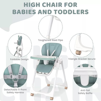 Sejoy Foldable Baby High Chair: Adjustable, Removable Double Tray