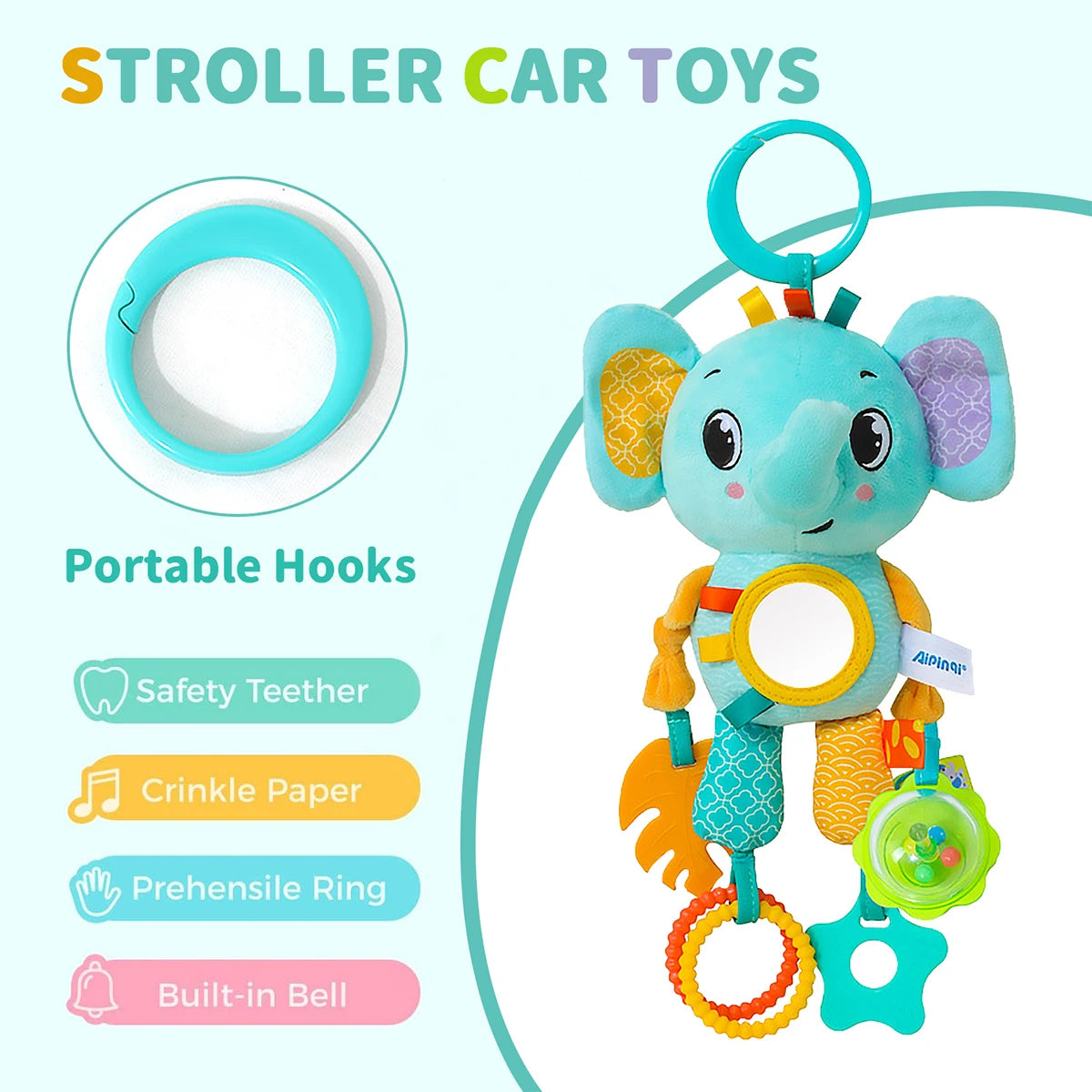 Soft Sensory Stroller Toy: Plush Animal Crinkle & Teether