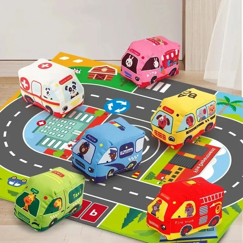 Soft Cloth Car & Vehicle Toy Set (12-18M) - Montessori Play Mat Rattle