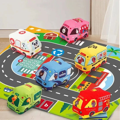 Soft Cloth Car & Vehicle Toy Set (12-18M) - Montessori Play Mat Rattle