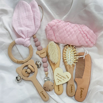 Custom Baby Name Gift Set: Rattle, Teether, Brush & More (8 pcs).