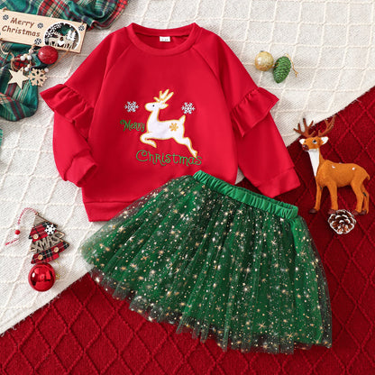 Long Sleeve Reindeer Embroidery Tutu Outfit