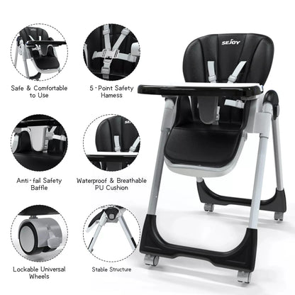 Sejoy Foldable Baby High Chair: Adjustable, Removable Double Tray