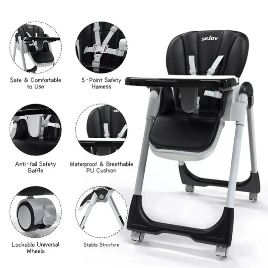 Sejoy Foldable Baby High Chair: Adjustable, Removable Double Tray