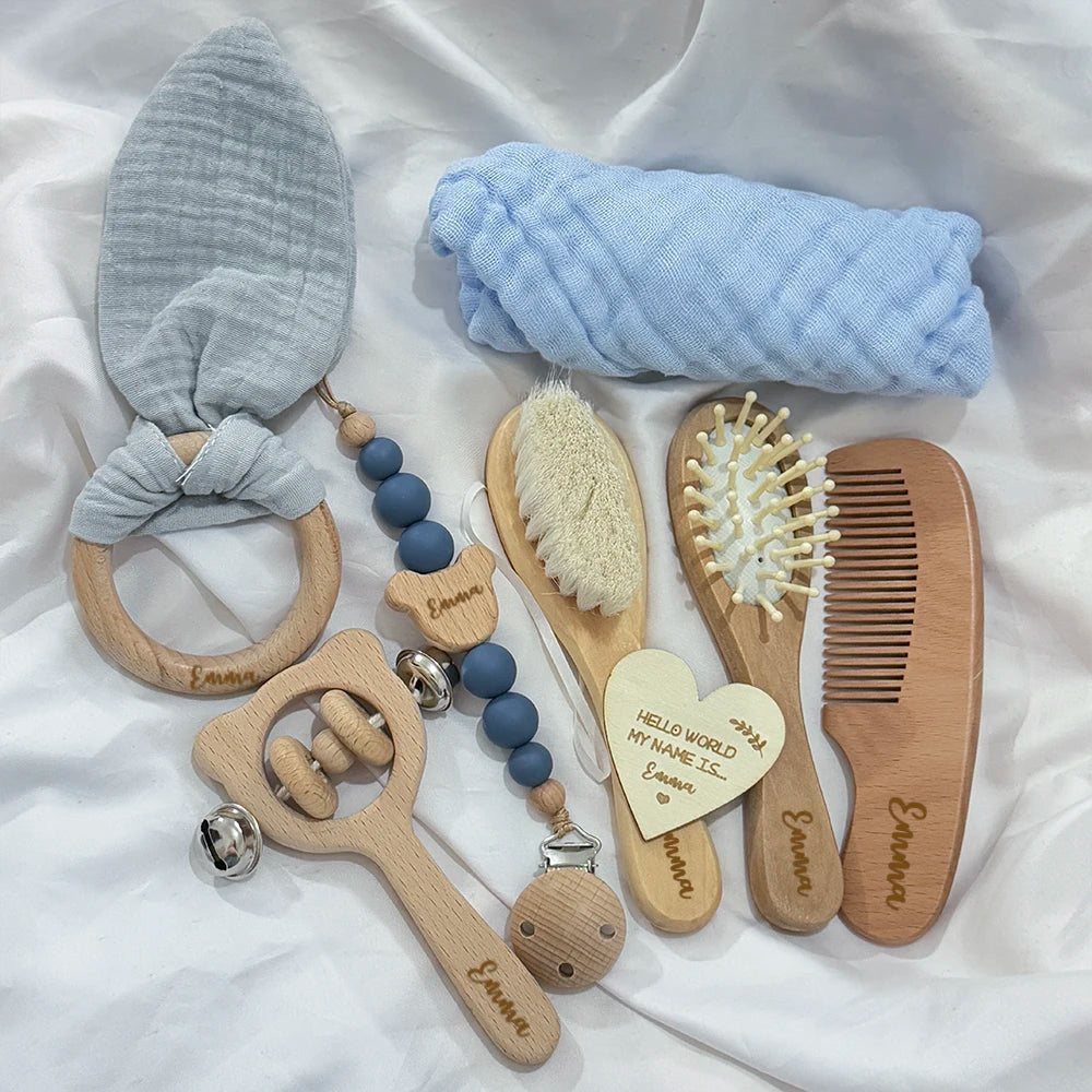 Custom Baby Name Gift Set: Rattle, Teether, Brush & More (8 pcs).