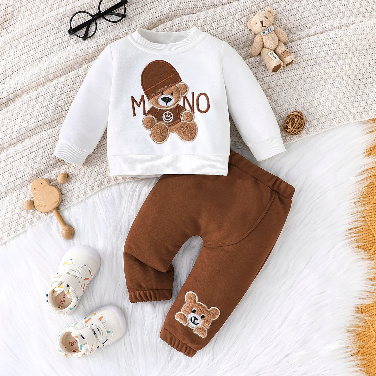Casual Cartoon Bear Long Sleeve Tee & Navy Pants Set