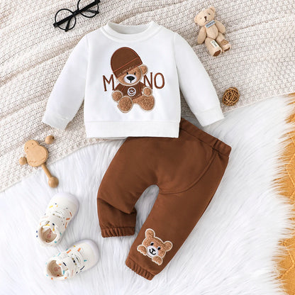 Casual Cartoon Bear Long Sleeve Tee & Navy Pants Set
