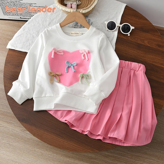 Bear Leader Girls' Pink Preppy Set | Bow Top & Pleated Skirt Outfit