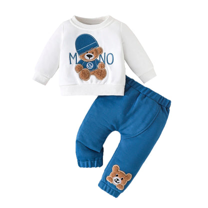 Casual Cartoon Bear Long Sleeve Tee & Navy Pants Set