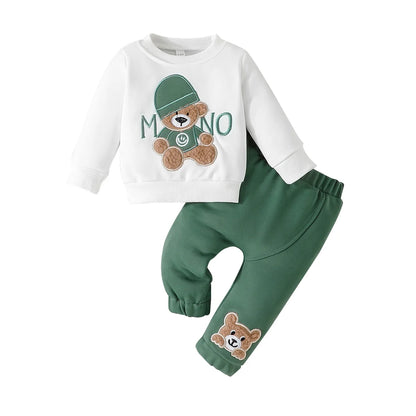 Casual Cartoon Bear Long Sleeve Tee & Navy Pants Set