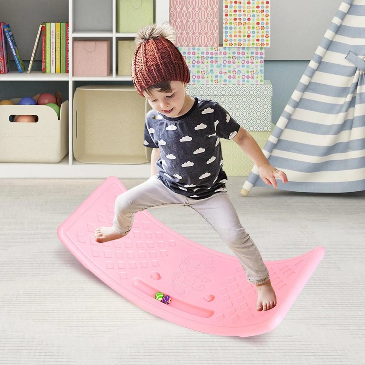 Kids Indoor Balance Board with Rubber Game Mat