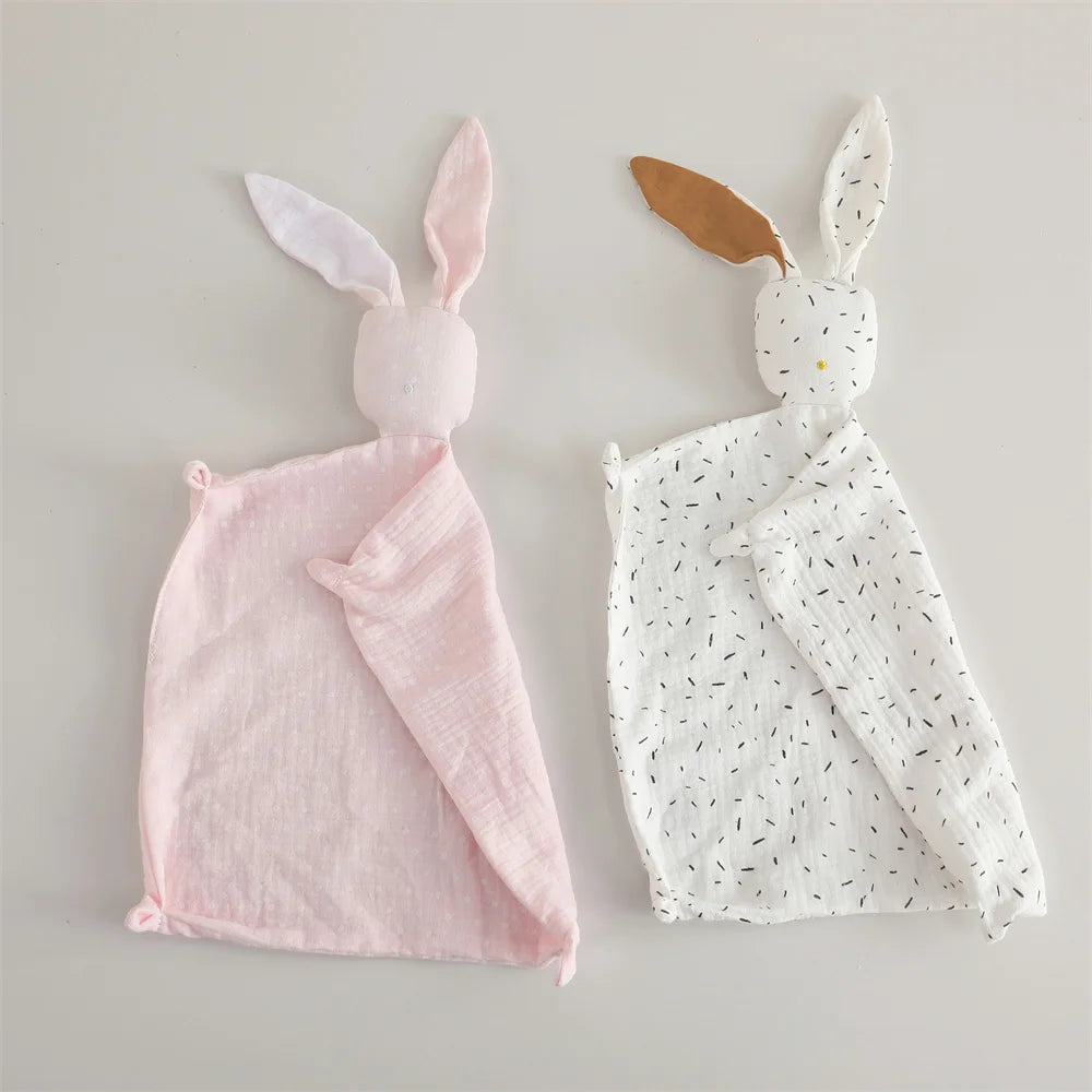 Bunny Security Blanket for Baby Boy Girl Soft Breathable Muslin Cotton Polka Dot Stuffed Toy For Newborns