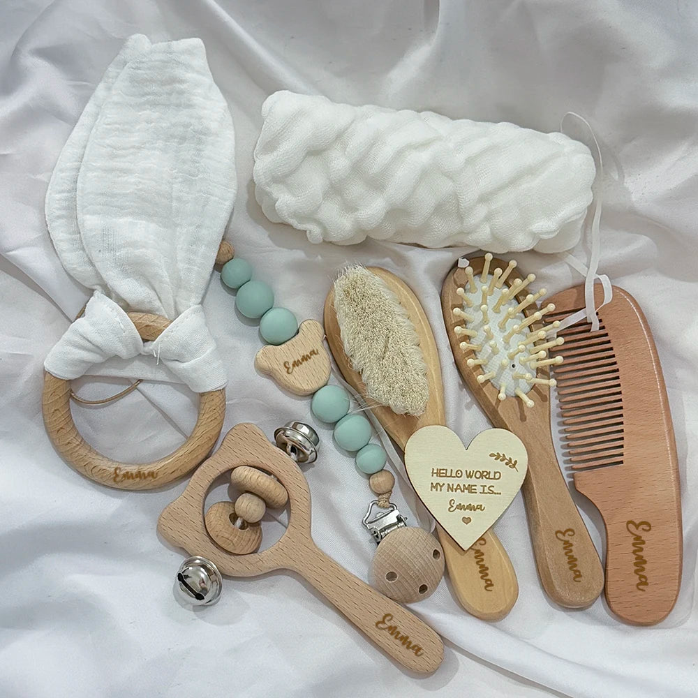 Custom Baby Name Gift Set: Rattle, Teether, Brush & More (8 pcs).
