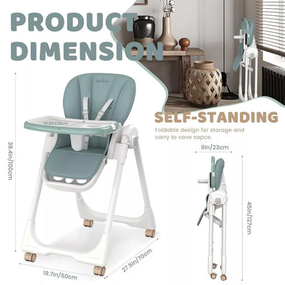 Sejoy Foldable Baby High Chair: Adjustable, Removable Double Tray