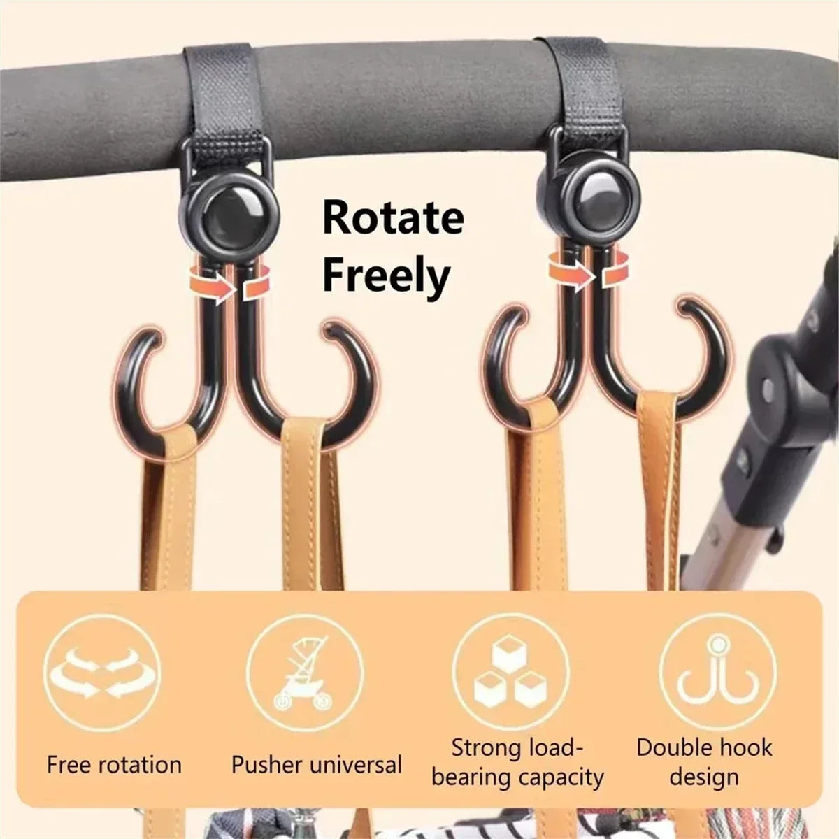 2pcs Baby Stroller Hook Rotatable Two Hooks Multifunctional Portable Plastic Hook Shopping Prop Strollers Accessories