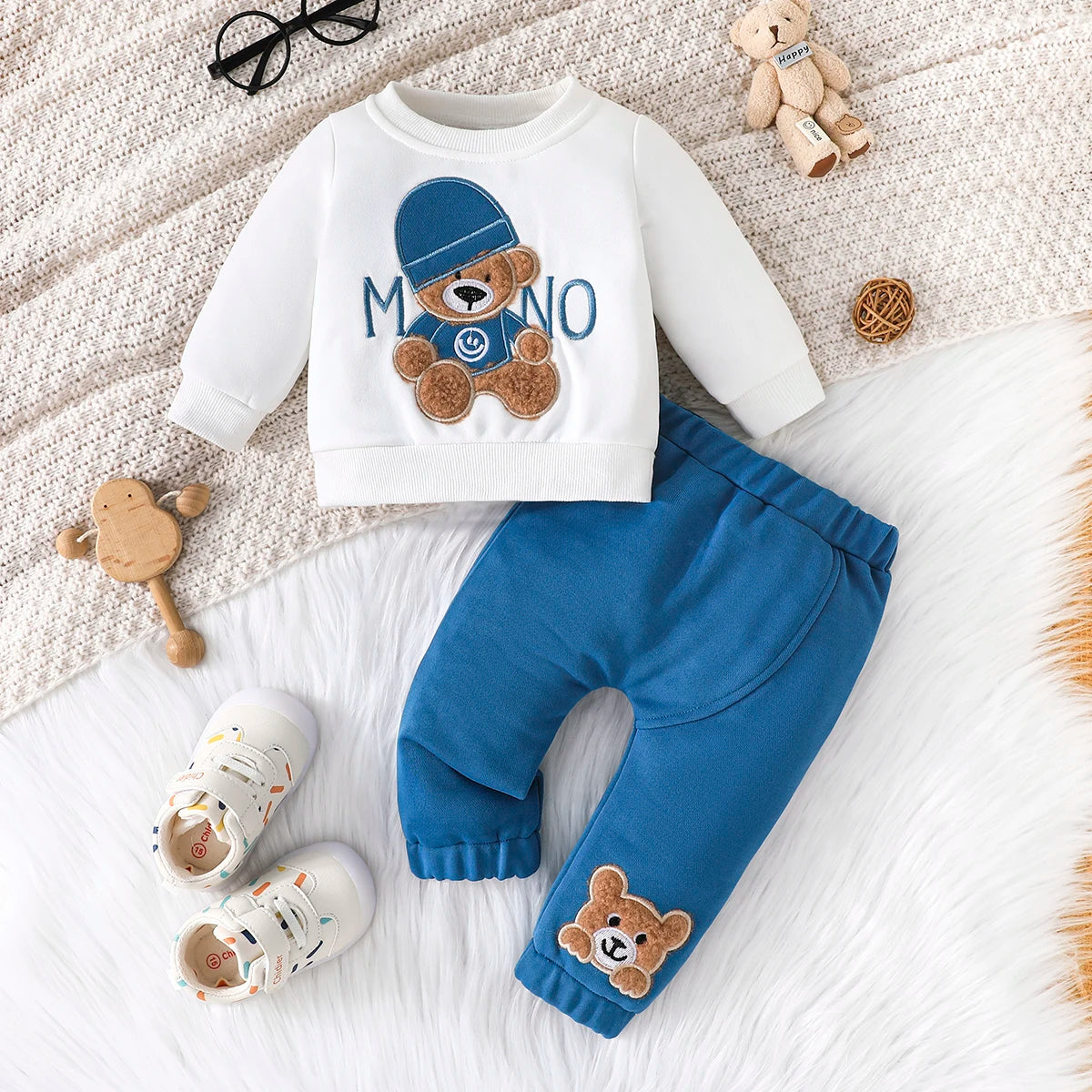 Casual Cartoon Bear Long Sleeve Tee & Navy Pants Set