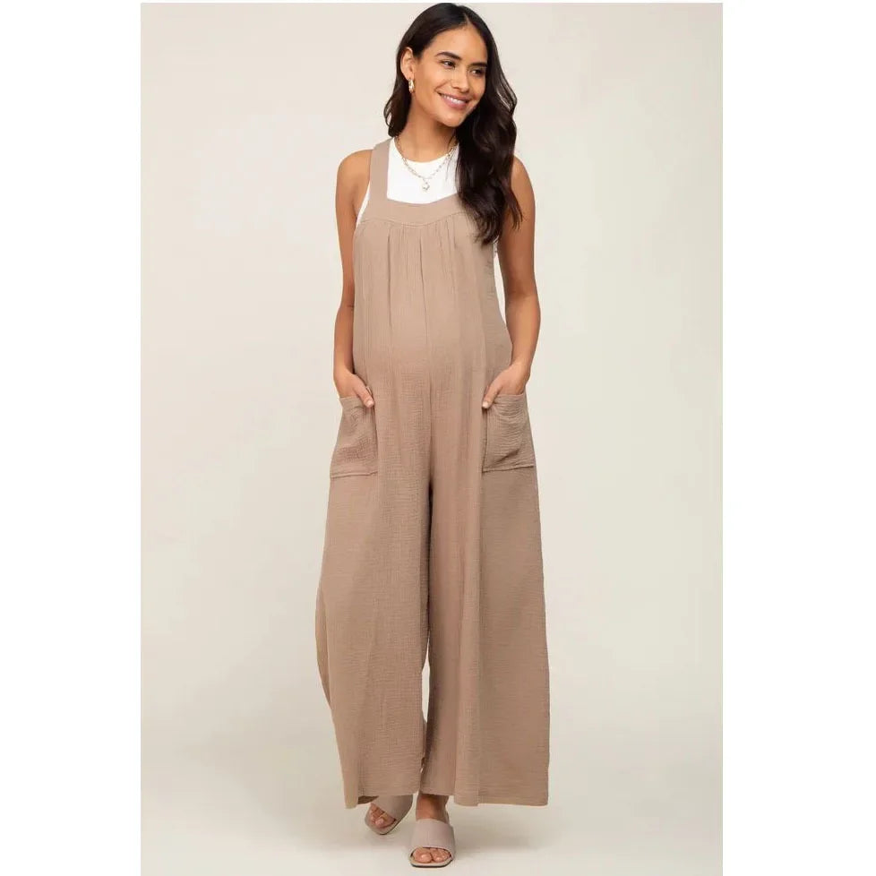 Beige Wide-Leg Maternity Overall Cargo Pants