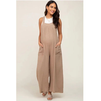 Beige Wide-Leg Maternity Overall Cargo Pants