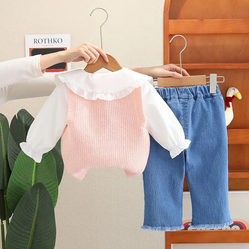 Girls T-Shirt, Floral Vest, & Bow Jeans Set