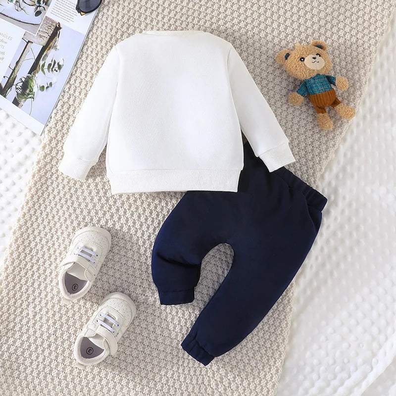 Casual Cartoon Bear Long Sleeve Tee & Navy Pants Set