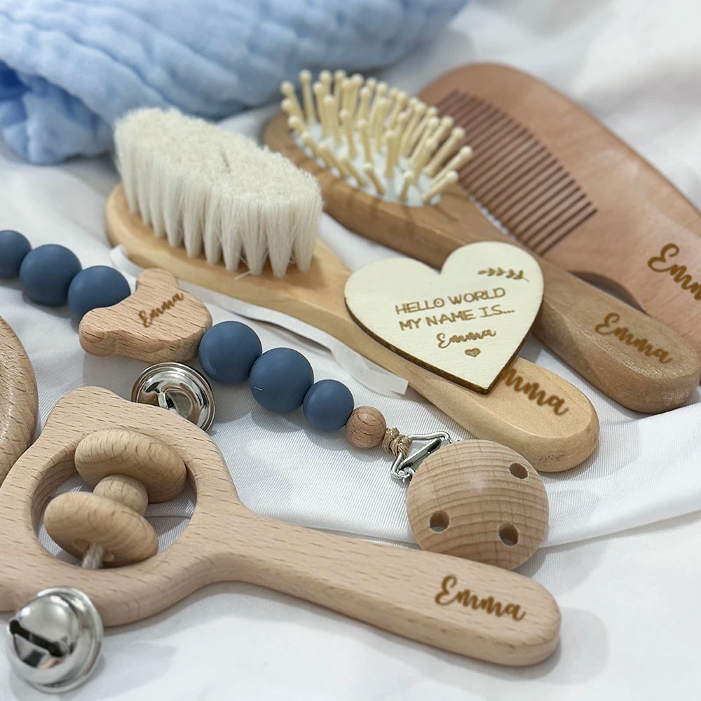 Custom Baby Name Gift Set: Rattle, Teether, Brush & More (8 pcs).