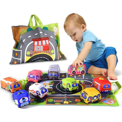 Soft Cloth Car & Vehicle Toy Set (12-18M) - Montessori Play Mat Rattle
