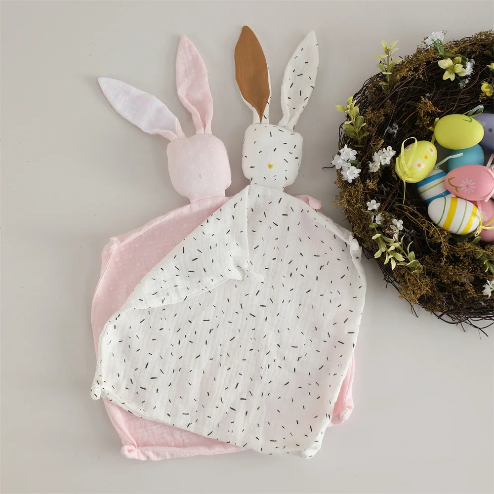 Bunny Security Blanket for Baby Boy Girl Soft Breathable Muslin Cotton Polka Dot Stuffed Toy For Newborns