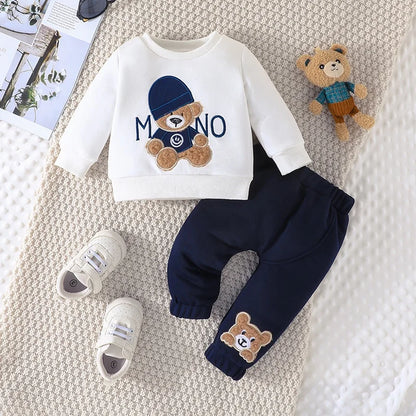 Casual Cartoon Bear Long Sleeve Tee & Navy Pants Set