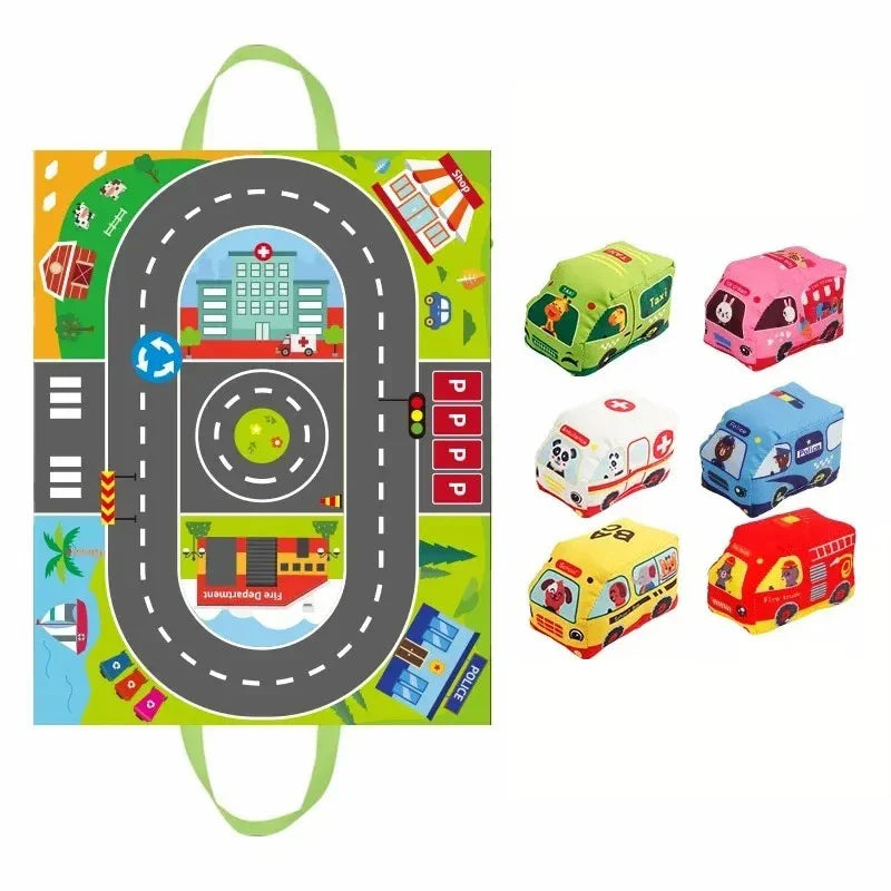 Soft Cloth Car & Vehicle Toy Set (12-18M) - Montessori Play Mat Rattle